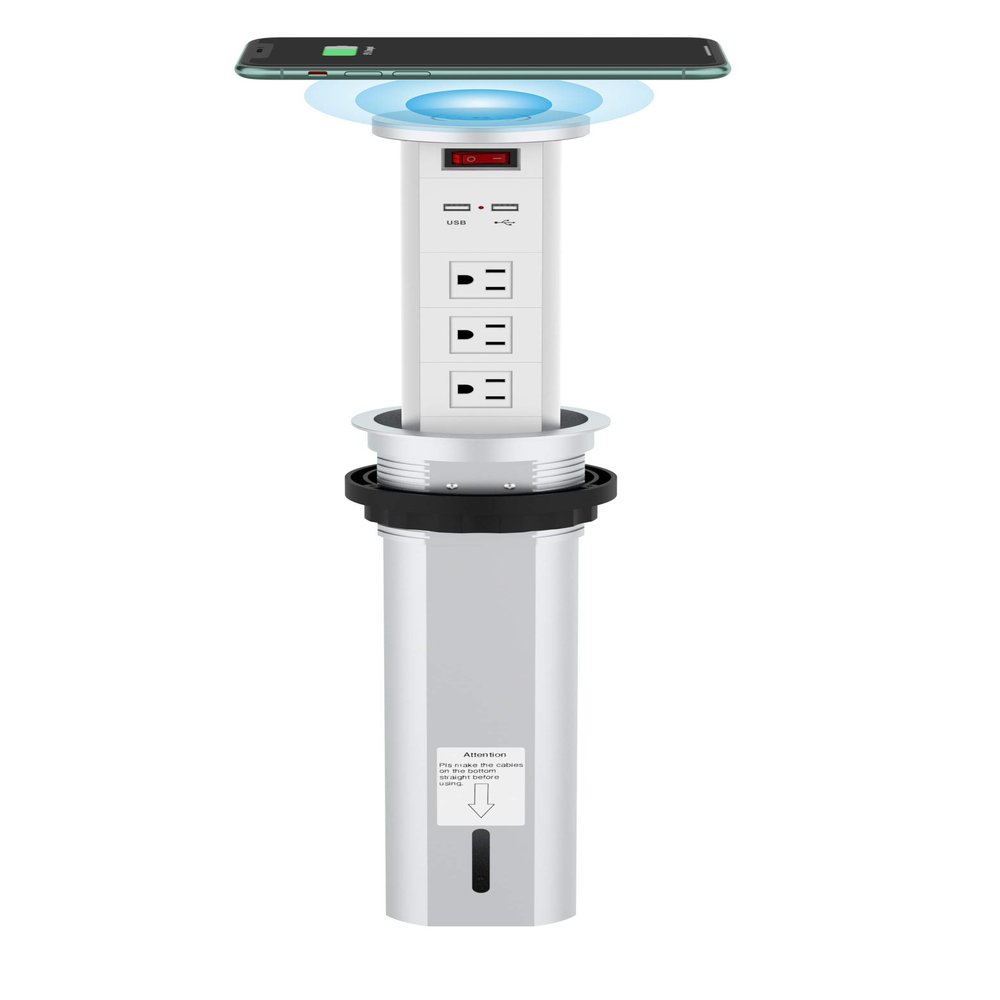 Automatic Raising Surge Protector Pop up Outlet Retractable Hidden Recessed Power Strip Power Socket 2 USB Charging Stations and 3 AC Plug with Wireless Charger for Kitchen Island, Conference Table
