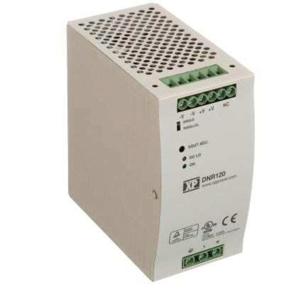 XP POWER DNR120AS12-I DIN Rail Power Supply 120W 12V 10A 90-132/180-264VAC in; Enclosed, Adj Vout