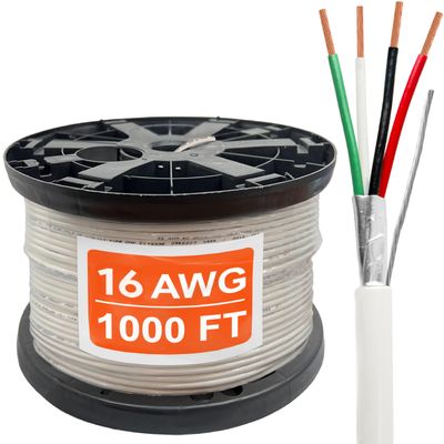 16 Gauge Wire (16 AWG)  4 Conductor Stranded Copper Shielded Cable  16/4 Home Electrical Wire  Low Voltage Up to 300V  CL3P Low Smoke Plenum Jacket  USA Made (1000ft - White)