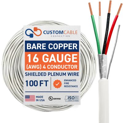 16 Gauge Wire (16 AWG) 4 Conductor Stranded Copper Shielded Cable 16/4 Home Electrical Wire Low Voltage Up to 300V CMP/CL3P Low Smoke Plenum Jacket USA Made (100ft - White)