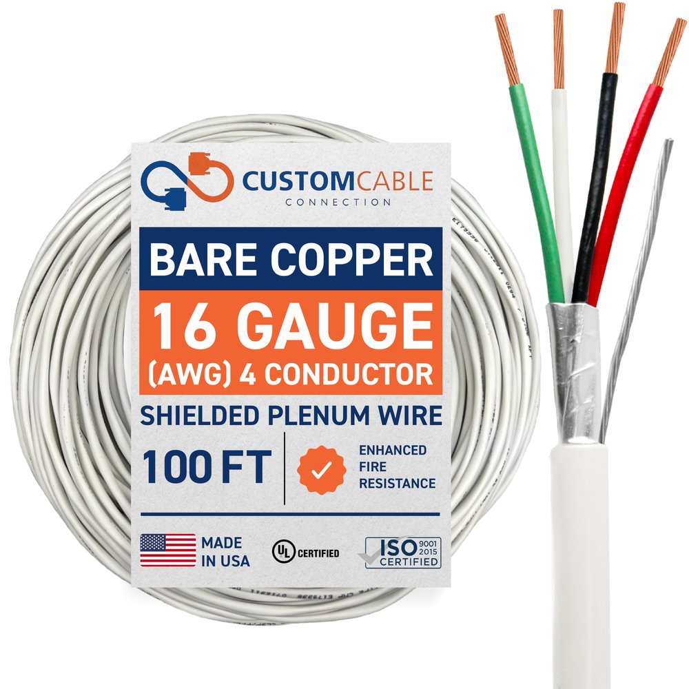 16 Gauge Wire (16 AWG) 4 Conductor Stranded Copper Shielded Cable 16/4 Home Electrical Wire Low Voltage Up to 300V CMP/CL3P Low Smoke Plenum Jacket USA Made (100ft - White)