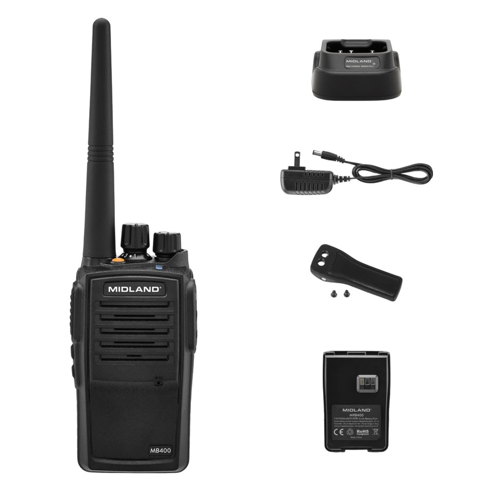Midland MB400 - Business Two-Way Radio - Easy to Program - Long-Range 16 Channels Coverage for up to a 350,000 Square Foot Warehouse Construction Hospitality and Event Management - IP67 Waterproof