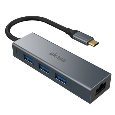 4-in-1 USB Type-C Akasa Hub with Ethernet | 3 USB Type-A | 5Gbps | RJ45 | 10/100/1000/Mbps | Aluminum Alloy | Gray Space | Compatible with MacBook, Dell, Lenovo and More | AK-CBCA20-18BK