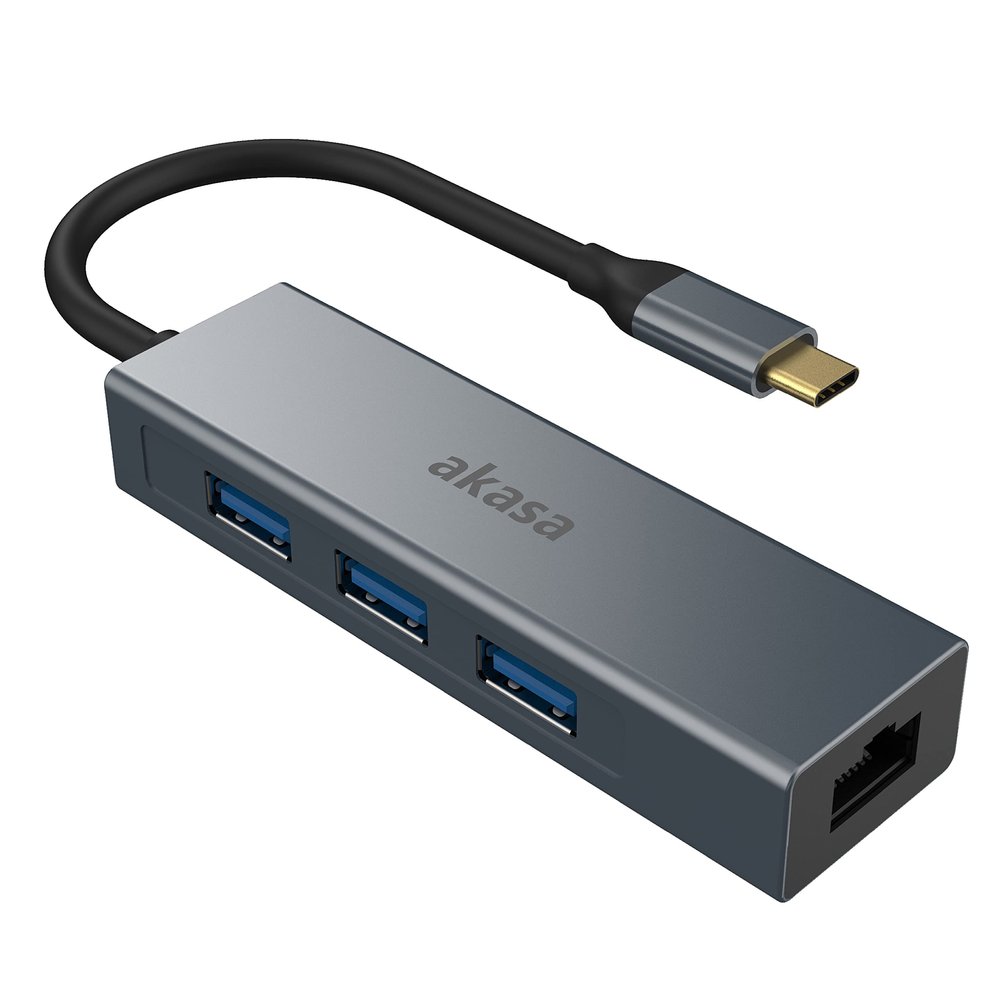 4-in-1 USB Type-C Akasa Hub with Ethernet | 3 USB Type-A | 5Gbps | RJ45 | 10/100/1000/Mbps | Aluminum Alloy | Gray Space | Compatible with MacBook, Dell, Lenovo and More | AK-CBCA20-18BK