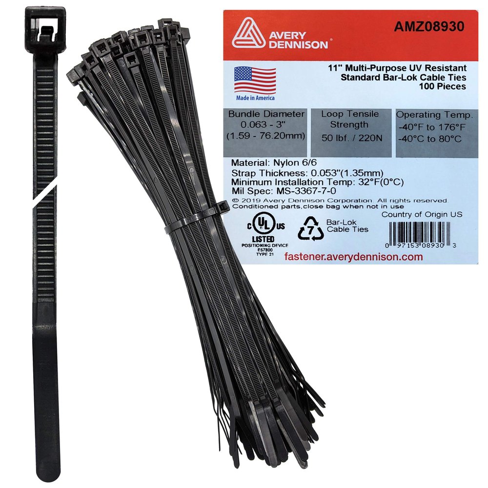 Bar Lok 11 Zip Ties  100 Pieces, Black  Made in America  Weather, UV & Impact Resistant Plastic Cable Ties for Binding Bundling & Organizing Wire Cable & More  Indoor & Outdoor (11", 100ct)