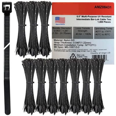 Avery Dennison Bar-Lok Nylon Black Cable Ties - 5.5" Round Style, 1000 Pieces