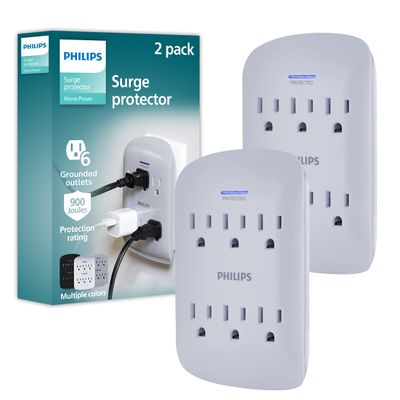 Philips 6-Outlet Extender Surge Protector, 900 Joules, 3-Prong, Space Saving Design, Protection Indicator LED Light, 2 Pack, Grey, SPP3466GR/37
