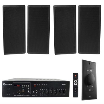 Rockville RCS80-1 Bundle: 60-Watt 70V Commercial Amplifier Receiver, (2) Pairs RockSlim 70B 5.25 in 8W/4W 70V Black Wall Speakers, VOL70100 100-Watt Wall Volume Controller, 4 Items