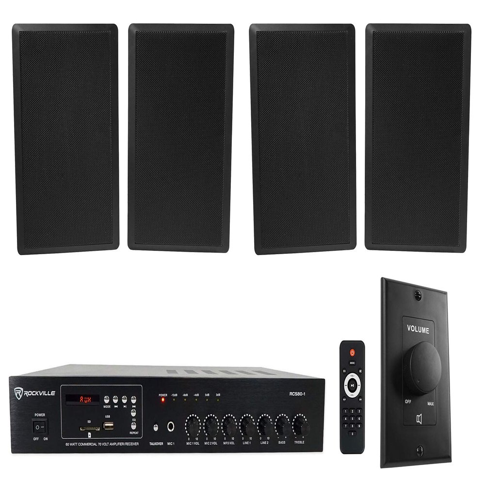 Rockville RCS80-1 Bundle: 60-Watt 70V Commercial Amplifier Receiver, (2) Pairs RockSlim 70B 5.25 in 8W/4W 70V Black Wall Speakers, VOL70100 100-Watt Wall Volume Controller, 4 Items