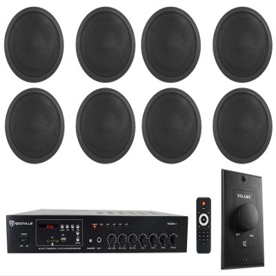 Rockville RCS80-1 Bundle: 60-Watt 70V Commercial/Restaurant Amplifier, (8) CCL6T Black 6" Commercial Ceiling Speakers, VOL70100 100-Watt Black Wall Volume Control Zone Box, 10-Items