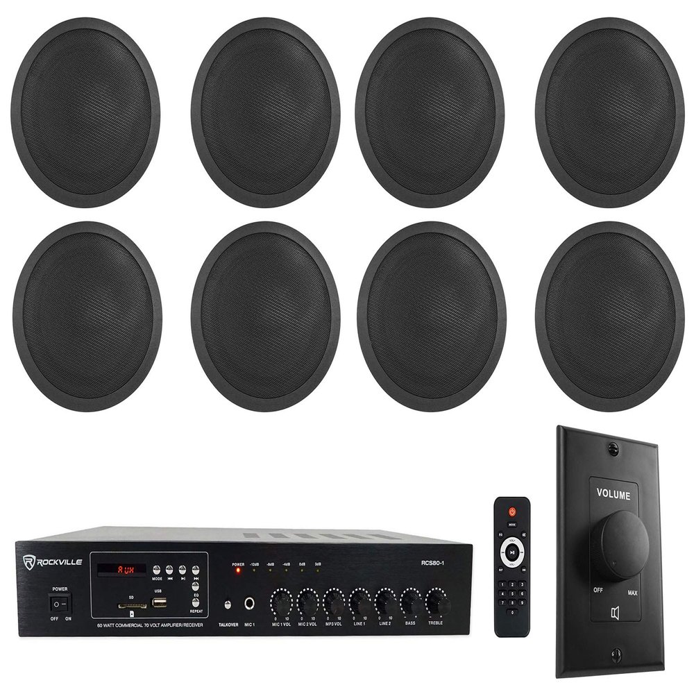 Rockville RCS80-1 Bundle: 60-Watt 70V Commercial/Restaurant Amplifier, (8) CCL6T Black 6" Commercial Ceiling Speakers, VOL70100 100-Watt Black Wall Volume Control Zone Box, 10-Items