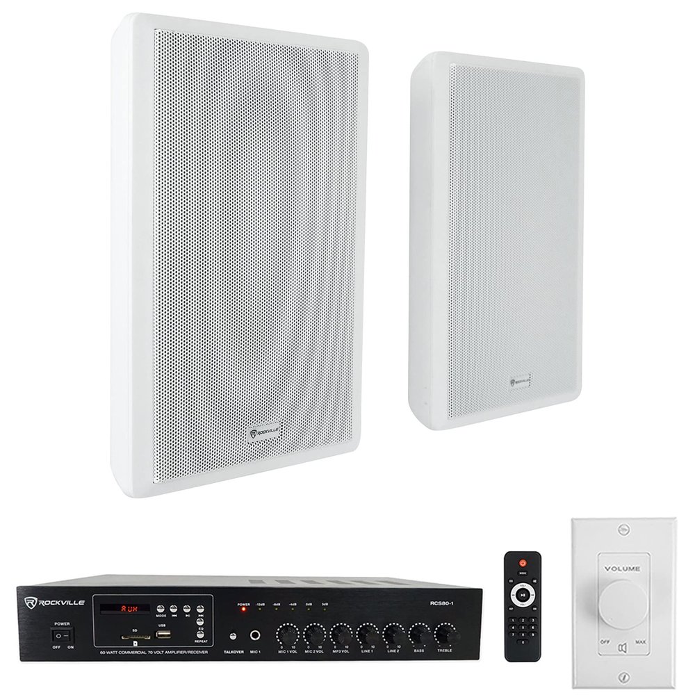 Rockville RCS80-1 70V Restaurant Amplifier with White RockSlim Speakers