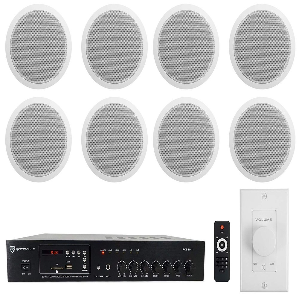 Rockville Commercial Restaurant Audio Bundle: (8) CCL6T White 6" 70V Ceiling Speakers, RCS80-1 60W 70V Amplifier with Bluetooth, VOL70100 Wall Volume Control Zone Controller, 10-Items