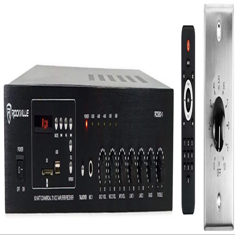 Rockville RCS80-1 Bundle: 60-Watt 70V Commercial Amplifier, VOL70100 100-Watt 70V Stainless Wall Volume Control Zone Controller, Bluetooth Receiver, for Restaurants and Offices, 2-Items