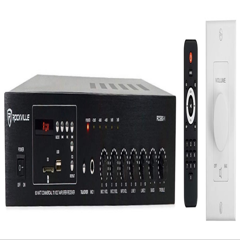 Rockville Commercial Audio Bundle: RCS80-1 60-Watt 70V Amplifier/Receiver with Bluetooth, VOL70100 White 100-Watt 70V Wall Volume Control, 2-Items