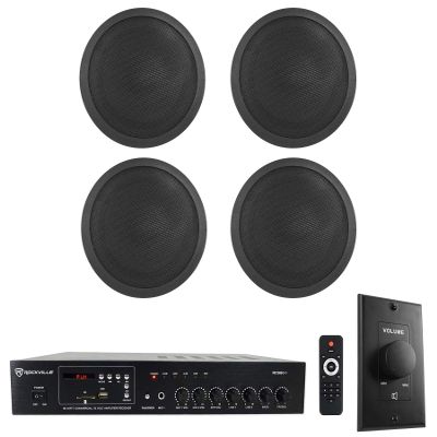 Rockville RCS80-1 Bundle: 60W 70V Commercial Amplifier with Bluetooth, (4) CCL6T Black 6-in Ceiling Speakers, VOL70100 100W Wall Volume Control Zone Controller, 6-Items