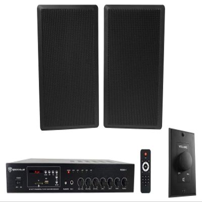 Rockville RCS80-1 Bundle: 60W 70V/100V Commercial Amplifier/Bluetooth Receiver (80W 4, 70W 8), (2) RockSlim 70B 5.25" 70V Wall Speakers 4W/8W, VOL70100 100W 70V Volume Control, 4-Items