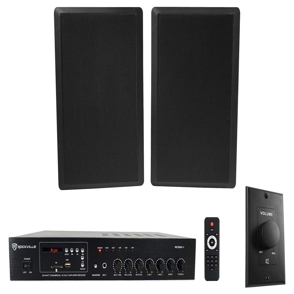 Rockville RCS80-1 Bundle: 60W 70V/100V Commercial Amplifier/Bluetooth Receiver (80W 4, 70W 8), (2) RockSlim 70B 5.25" 70V Wall Speakers 4W/8W, VOL70100 100W 70V Volume Control, 4-Items