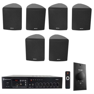 Rockville Commercial Bundle: (3) Cube 70v Black 3.5" Swivel Speakers, RCS80-1 60-Watt 70v Amplifier with Bluetooth, VOL70100 100-Watt Wall Controller, 5-Items
