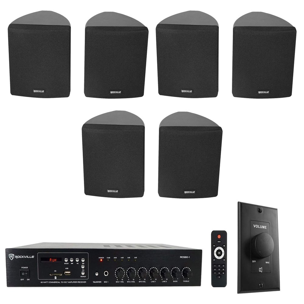 Rockville Commercial Bundle: (3) Cube 70v Black 3.5" Swivel Speakers, RCS80-1 60-Watt 70v Amplifier with Bluetooth, VOL70100 100-Watt Wall Controller, 5-Items