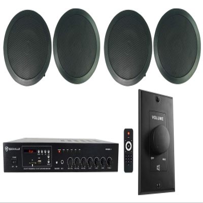 Rockville CC65T Bundle: (4) 6.5" Black 70V Ceiling Speakers, RCS80-1 60-Watt Restaurant Amplifier with Bluetooth Receiver, VOL70100 100-Watt Wall Volume Control Zone Controller, 6-Items