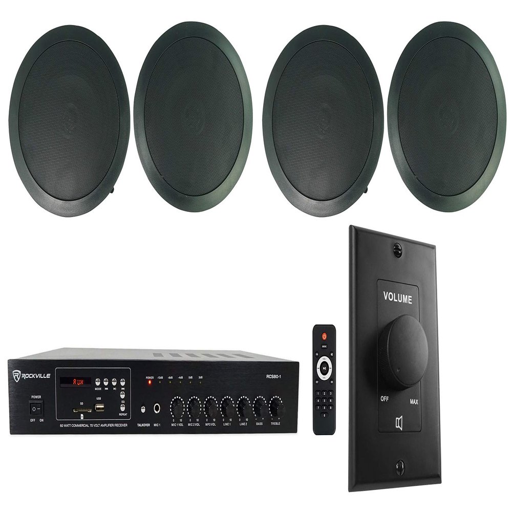 Rockville CC65T Bundle: (4) 6.5" Black 70V Ceiling Speakers, RCS80-1 60-Watt Restaurant Amplifier with Bluetooth Receiver, VOL70100 100-Watt Wall Volume Control Zone Controller, 6-Items