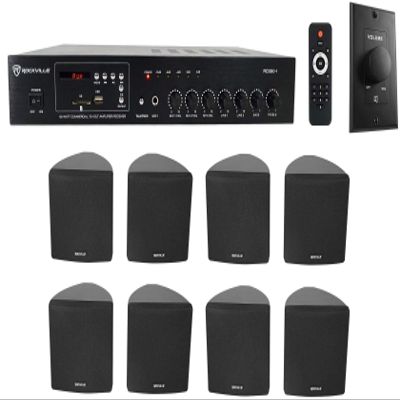 Rockville Commercial Audio Bundle: (4) Pairs Cube 70V Black 3.5" Wall Speakers, Swivel Mount, RCS80-1 60W Amplifier with Bluetooth, VOL70100 Wall Volume Controller, 6-Items