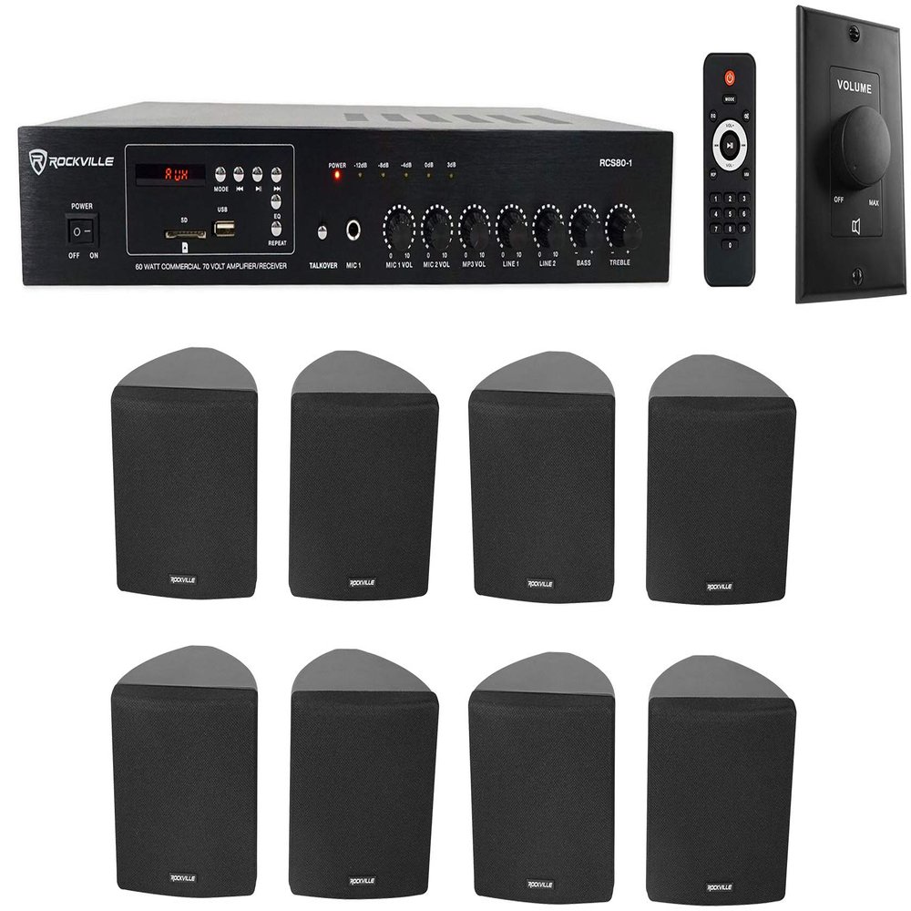Rockville Commercial Audio Bundle: (4) Pairs Cube 70V Black 3.5" Wall Speakers, Swivel Mount, RCS80-1 60W Amplifier with Bluetooth, VOL70100 Wall Volume Controller, 6-Items