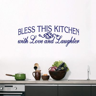 Bless This Kitchen Wall Decal Quote, Love and Laughter Sticker - Multiple Size Options - Select Your Color (Navy, 36" Wide x 12" Tall)
