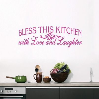 Sweetums Signatures - Wall Decal for Kitchen - Bless This Kitchen with Love and Laughter Sticker - Multiple Size Options - Select Your Color (Hot Pink, 70" Wide x 22" Tall)