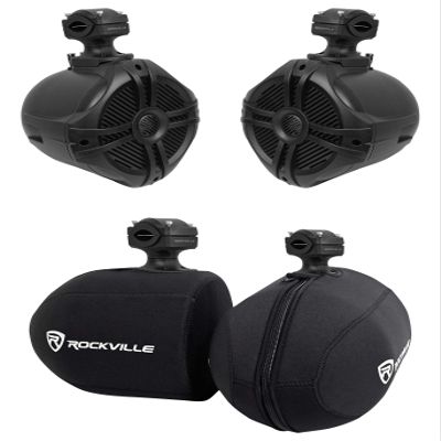 Rockville RWB70B Bundle: Pair of 6.5-in Black 2-Way 250-Watt Peak / 150-Watt RMS 360 Swivel Marine Wakeboard Tower Speakers, Pair of RWBC 6.5 in Neoprene Speaker Covers, 2-Items