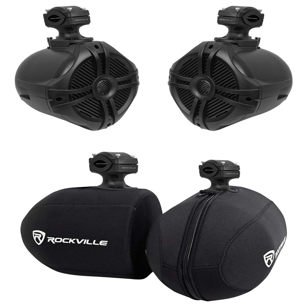 Rockville RWB70B Bundle: Pair of 6.5-in Black 2-Way 250-Watt Peak / 150-Watt RMS 360 Swivel Marine Wakeboard Tower Speakers, Pair of RWBC 6.5 in Neoprene Speaker Covers, 2-Items