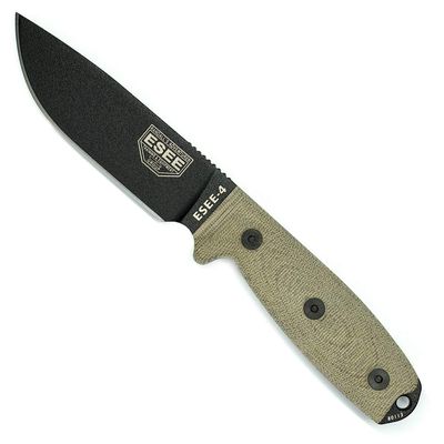 ESEE-4 1095 Carbon Steel, Black Sheath (Black Blade, Green Canvas Micarta 3D Handle)