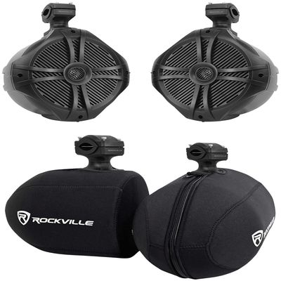 Rockville Marine Bundle: (2) RWB90B 8" 300w Wakeboard 360 Swivel Tower Speakers, (2) RWBC80 Neoprene Covers, 4-Items