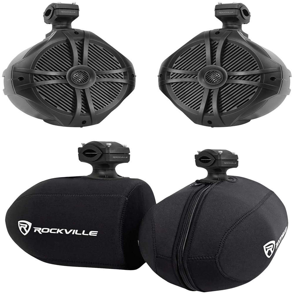 Rockville Marine Bundle: (2) RWB90B 8" 300w Wakeboard 360 Swivel Tower Speakers, (2) RWBC80 Neoprene Covers, 4-Items