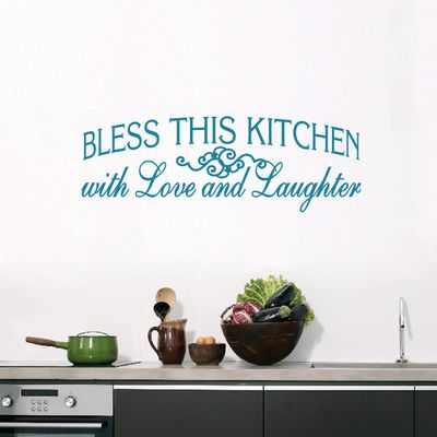 Bless This Kitchen Wall Decal, Love and Laughter Wall Quote Sticker - Multiple Size Options - Select Your Color (Teal, 50" Wide x 16" Tall)