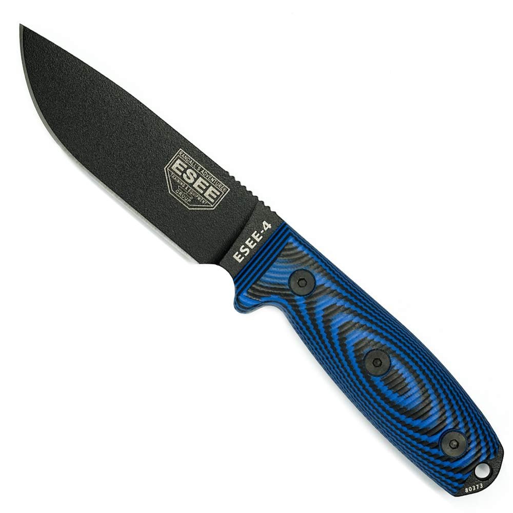 ESEE-4 Fixed Blade Knife with Sheath, 1095 Carbon Steel, Outdoor Knife with 3D Contoured Handle, Made in USA, (Black Blade, Blue/Black G10 3D Handle)