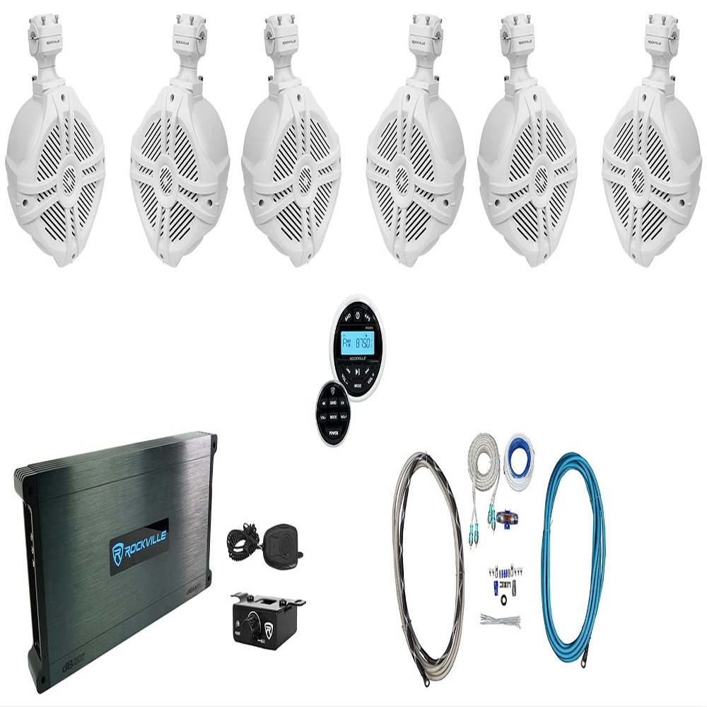 Rockville (6) RWB70W White 6.5" Marine Wakeboard Swivel Speakers+Amp+Receiver