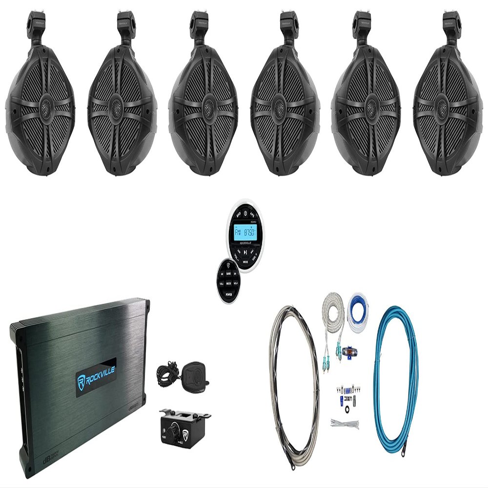 Rockville (6) RWB90B Black 8" Marine Wakeboard Swivel Speakers+Amp+Receiver