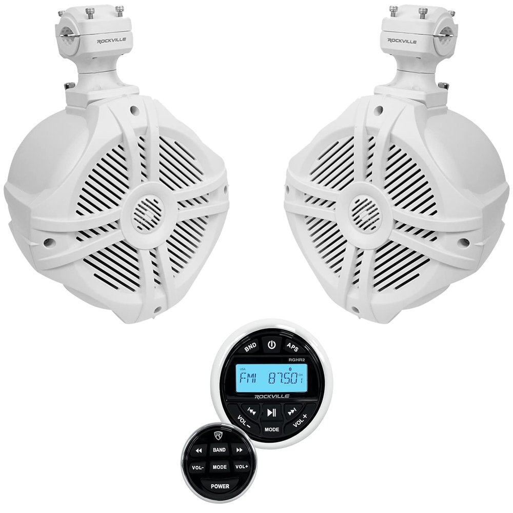 Rockville RWB70W Bundle: Pair 6.5-in 250-Watt Peak/150-Watt RMS 360 Swivel White Marine Wakeboard Tower Speakers, RGHR2 Marine Gauge-Hole Receiver with Bluetooth USB, 2-Items