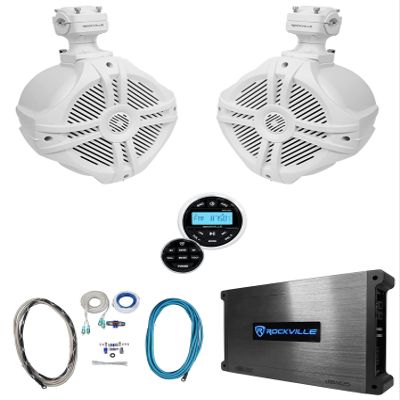 Rockville RWB70W Bundle: (2) 6.5 in Wakeboard Swivel Tower Speakers, DBM25 Class-AB 2-Channel Marine Amplifier, RGHR2 Gauge-Hole Bluetooth AM/FM Receiver, RMWK4 4 AWG Amplifier Install Kit, 5-Items