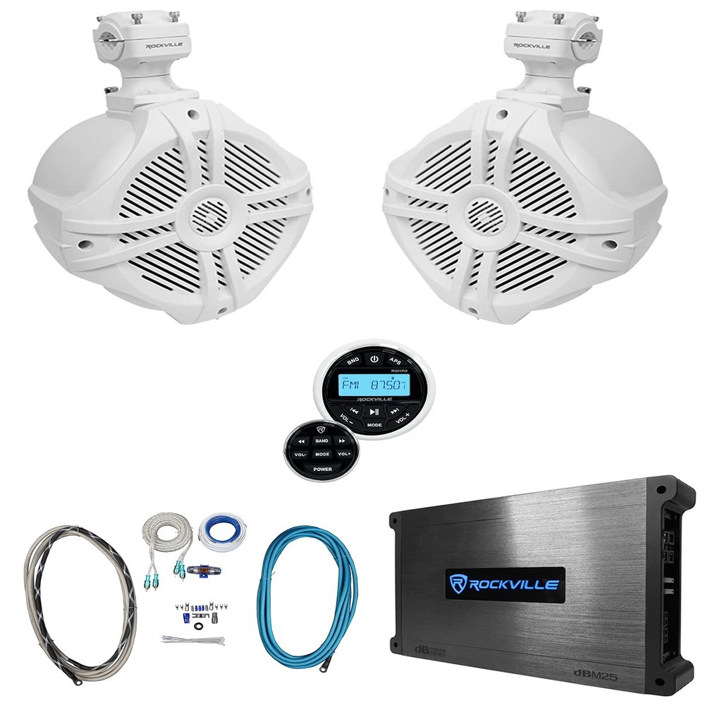 Rockville RWB70W Bundle: (2) 6.5 in Wakeboard Swivel Tower Speakers, DBM25 Class-AB 2-Channel Marine Amplifier, RGHR2 Gauge-Hole Bluetooth AM/FM Receiver, RMWK4 4 AWG Amplifier Install Kit, 5-Items