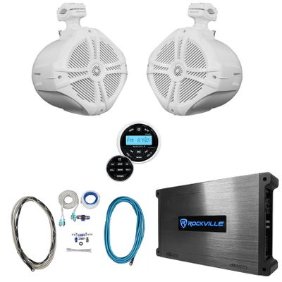 Rockville RWB90W Bundle: (2) 8 in 300-Watt Peak/200-Watt RMS Tower Marine Speakers, DBM25 Class-AB Amplifier, RGHR2 Gauge-Hole Bluetooth USB AM/FM Receiver, RMWK4 Marine Amp Wiring Kit, 5-Items