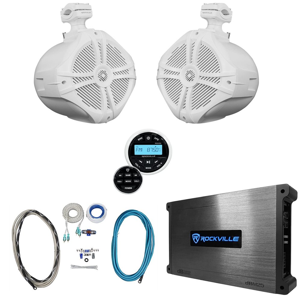 Rockville RWB90W Bundle: (2) 8 in 300-Watt Peak/200-Watt RMS Tower Marine Speakers, DBM25 Class-AB Amplifier, RGHR2 Gauge-Hole Bluetooth USB AM/FM Receiver, RMWK4 Marine Amp Wiring Kit, 5-Items