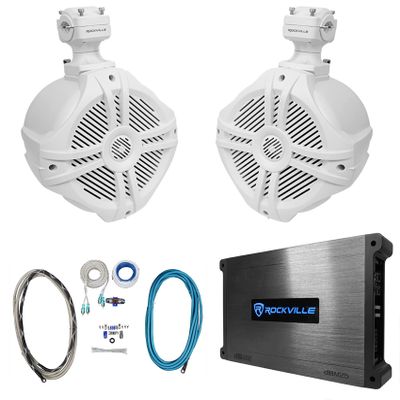 Rockville RWB70W Bundle: Pair 6.5 in Wakeboard 360 Swivel Tower Speakers White, DBM25 1500-Watt Peak/370-Watt RMS 2-Channel Marine Amplifier, RMWK4 4 AWG Waterproof Amplifier Install Kit, 4-Items
