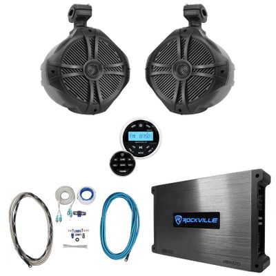 Rockville RWB90B Bundle: (2) 8 in 300-Watt Peak/200-Watt RMS Tower Marine Speakers, DBM25 Marine Amplifier, RGHR2 Gauge-Hole Receiver, Bluetooth Wired Remote, RMWK4 Amplifier Install Kit, 5-Items