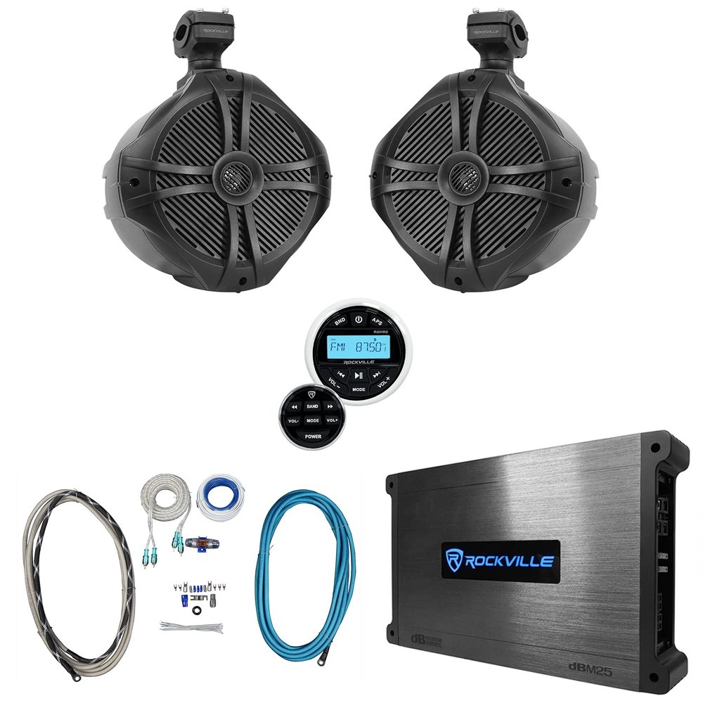 Rockville RWB90B Bundle: (2) 8 in 300-Watt Peak/200-Watt RMS Tower Marine Speakers, DBM25 Marine Amplifier, RGHR2 Gauge-Hole Receiver, Bluetooth Wired Remote, RMWK4 Amplifier Install Kit, 5-Items