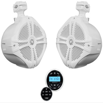 Rockville RWB90W Bundle: (2) 8-in 600-Watt White Marine Wakeboard 360 Swivel Tower Speakers, RGHR2 Marine Gauge Receiver with Bluetooth USB and Wired Remote, 3-Items