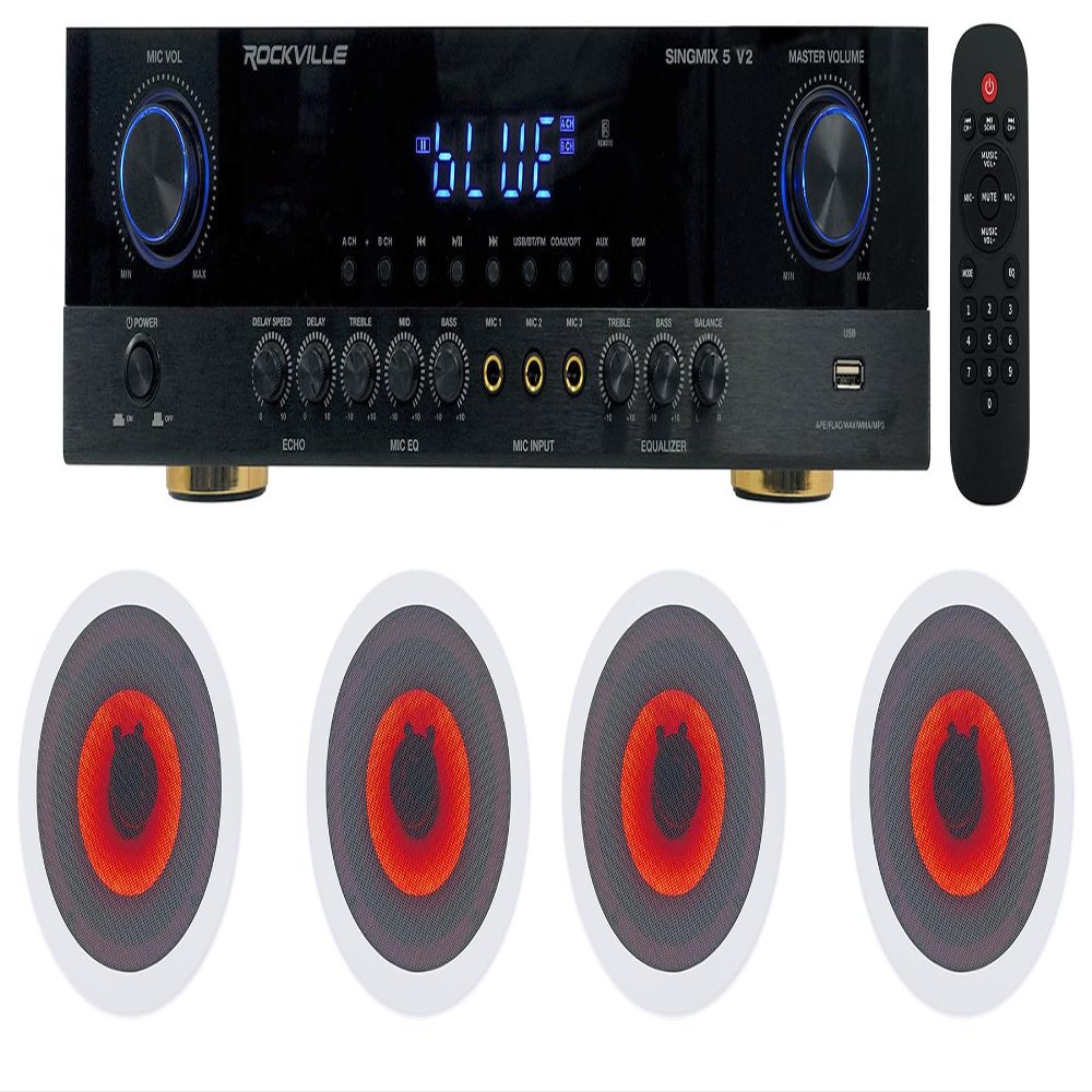 Rockville Bluetooth Amplifier+4 6.5" LED Ceiling Speakers 4 Restaurant/Bar/Cafe