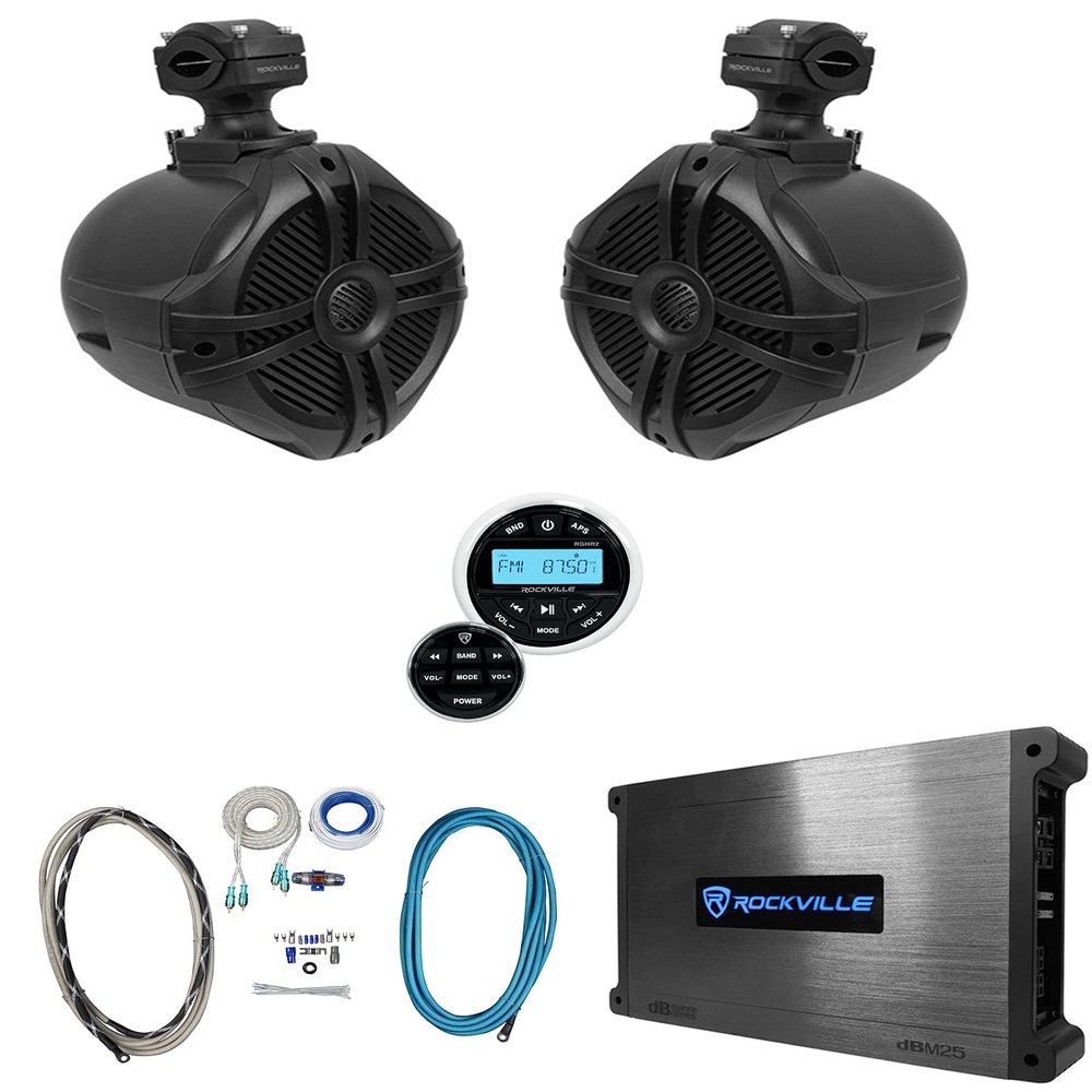 Rockville RWB70B Bundle: (2) 6.5 in 250w Wakeboard Swivel Tower Speakers, DBM25 RMS Class-AB Marine Amplifier, RGHR2 Gauge-Hole Receiver Bluetooth AM/FM Wired Remote, RMWK4 4 AWG Install, 5-Items